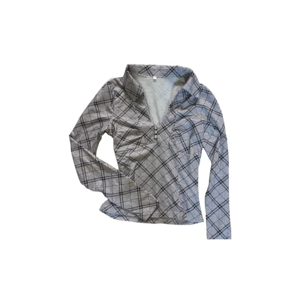 카라 체크 긴팔티 티셔츠 그레이 롱슬리브 룩혼 페미닌