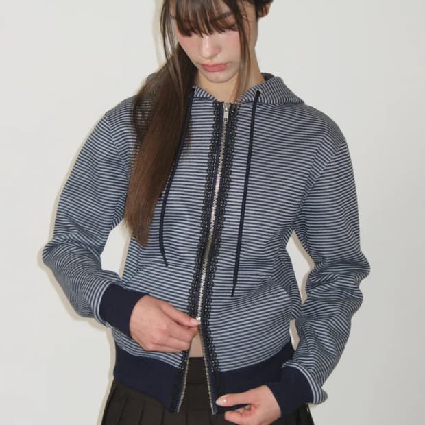 썬번프로젝트 레이스 스트라이프 집업 후디