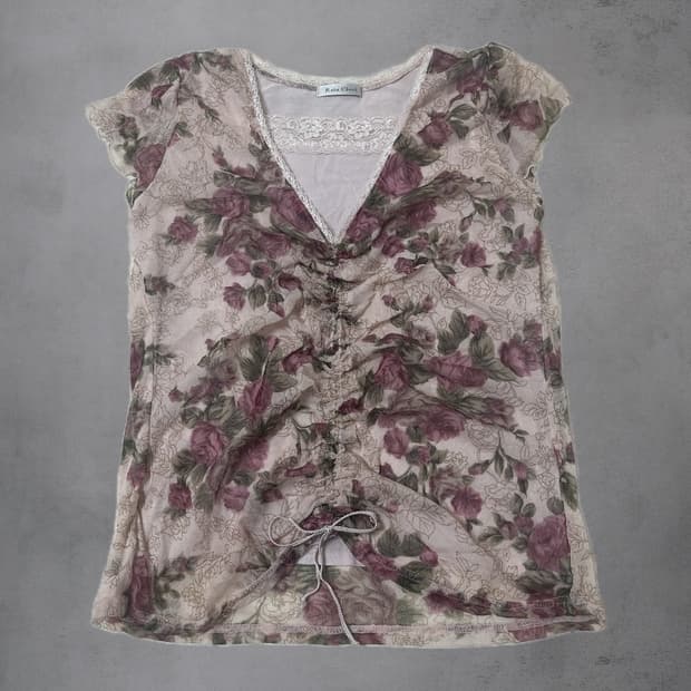 rosa cheri 빈티지 블로럴 모리 셔링 탑
