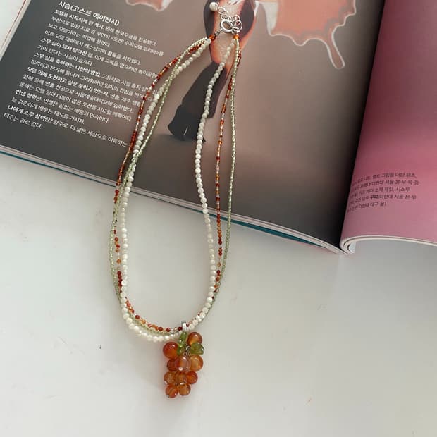일본수입 빈티지 포도 팬던트 레이어드 비즈 목걸이 🍇