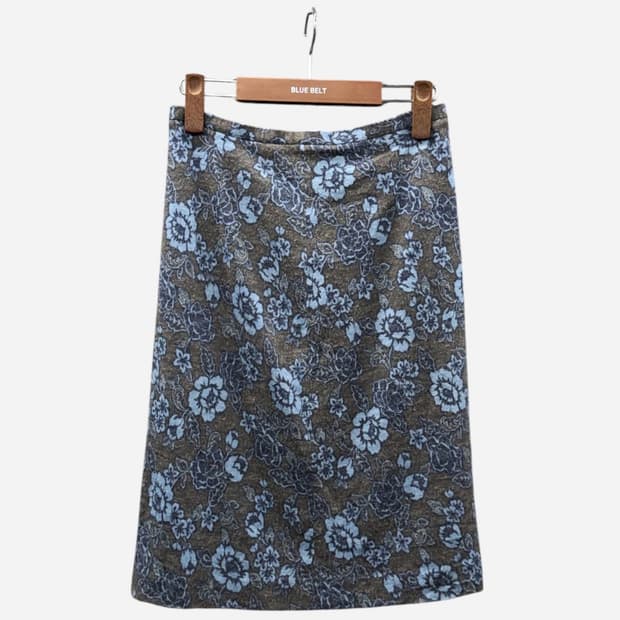 JPN VINTAGE 미디움 스커트 오리엔탈 플라워 패턴 H라인 그레이