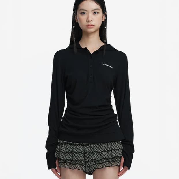 러프넥 헨리 후드 롱 슬리브 탑 블랙 M