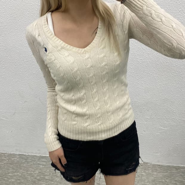 폴로 랄프로렌 네이비포니 아이보리 꽈배기 브이넥 니트 XS