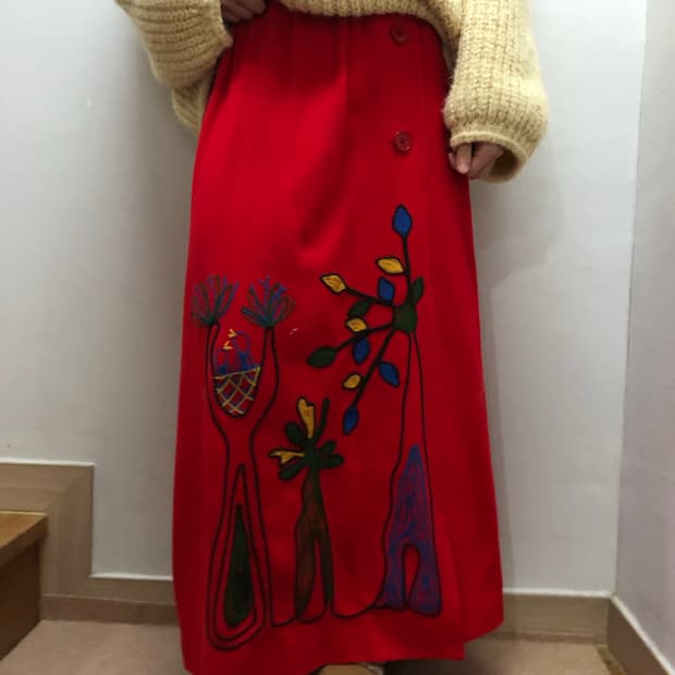 빈티지 레드 오리엔탈 버튼 롱 스커트