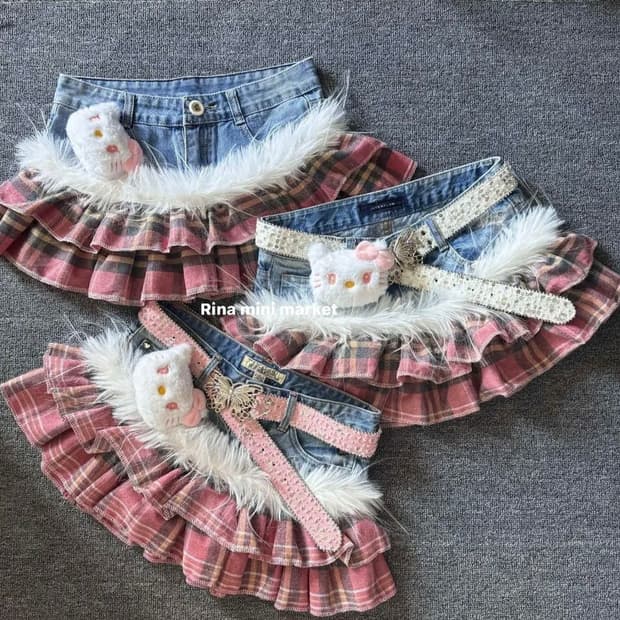 일본핀터깔 y2k빈티지 히메갸루 체크 캉캉 데님 플리츠 스커트+벨트포함