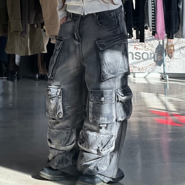 빈티지 멀티포켓 멀티포켓 흑청 카고팬츠