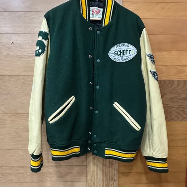 Schott 쇼트 그린 레더 Varsity 자켓 m사이즈 105