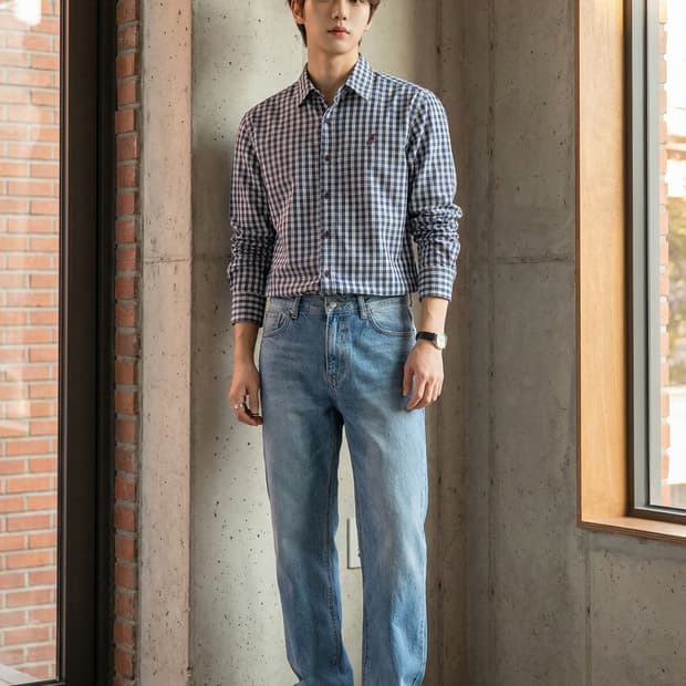 KANGOL 캉골 블루 깅엄 체크 셔츠