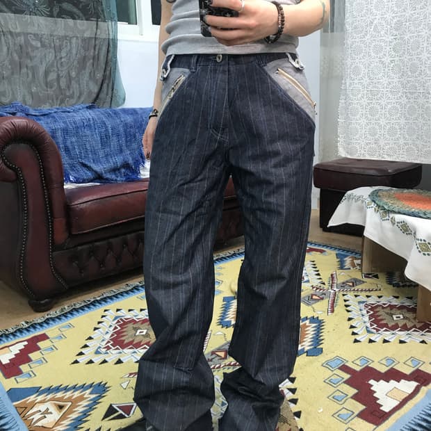 빈티지 지퍼 디테일 스트라이프 데님팬츠 (Z1017)