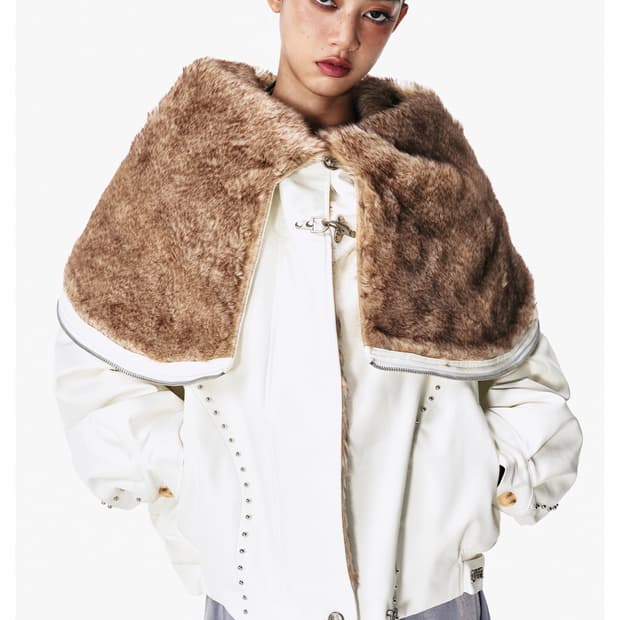FOLD-OUT HOODIE SHAWL FUR JACKET WHITE