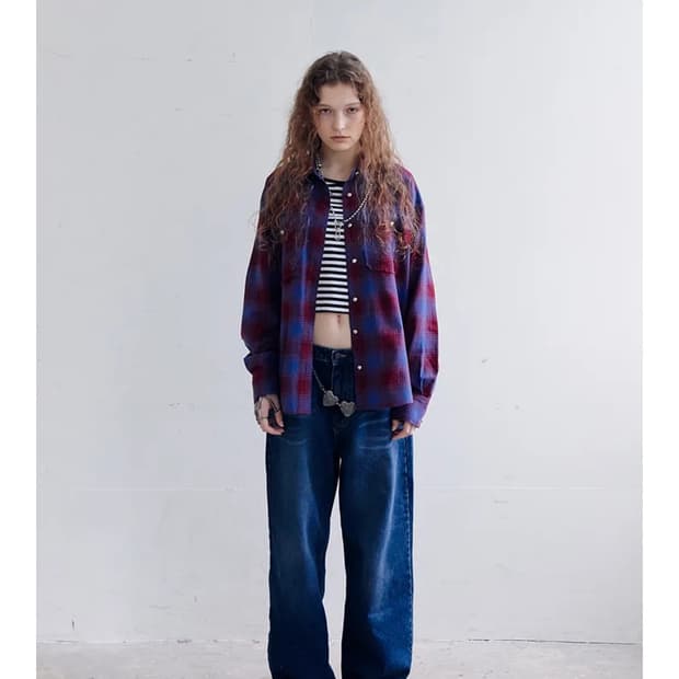 데어드 실버 버튼 체크셔츠 버건디