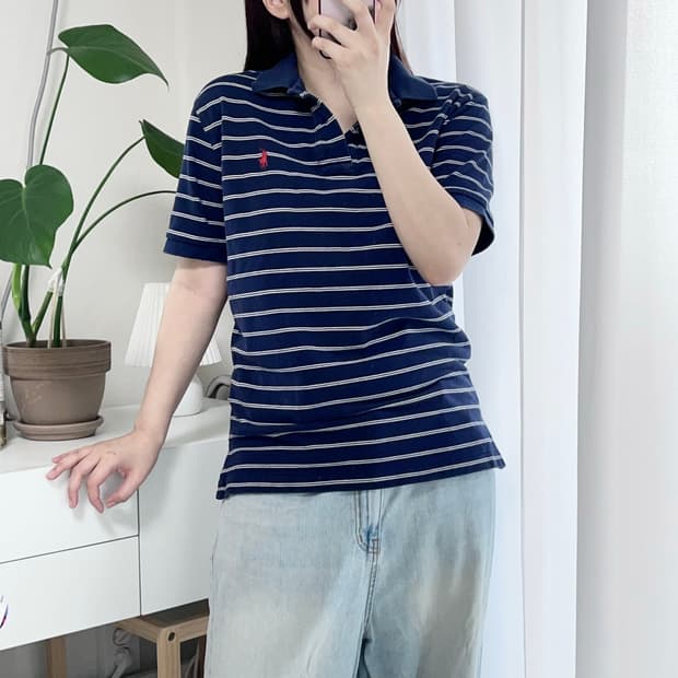 [정품] 폴로 네이비 / 레드포니 화이트단가라 반팔카라티 [ S ]