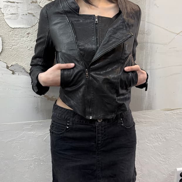 oblique double  zipper sheepskin jacket