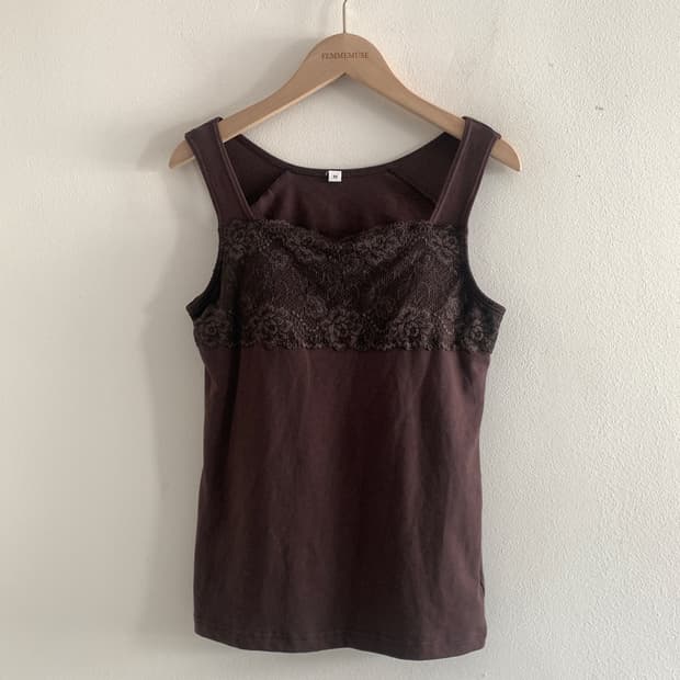 (Vintage)Lace Neck Sleeveless Top(Brown)