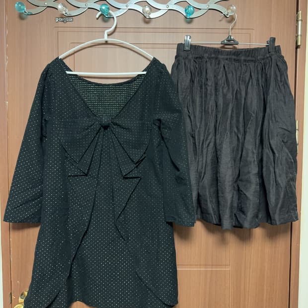 모리걸 니혼진 블랙 금사 빅 리본 도트 블라우스 원피스 스커트 코디 세트