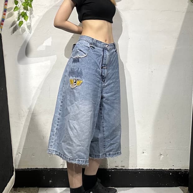 빈티지 아키데믹스 와이드 연청 데님 버뮤다 힙합 팬츠 청바지 