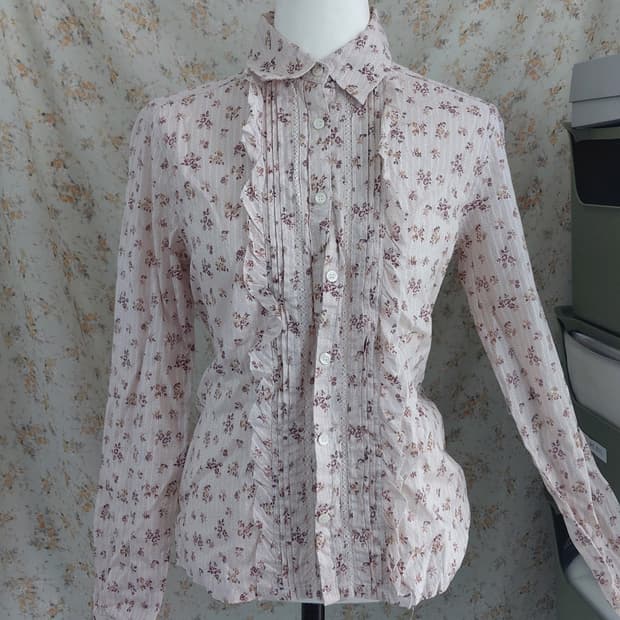 [빈티지] 플라워 프린트 프릴 장식 블라우스 지뢰계