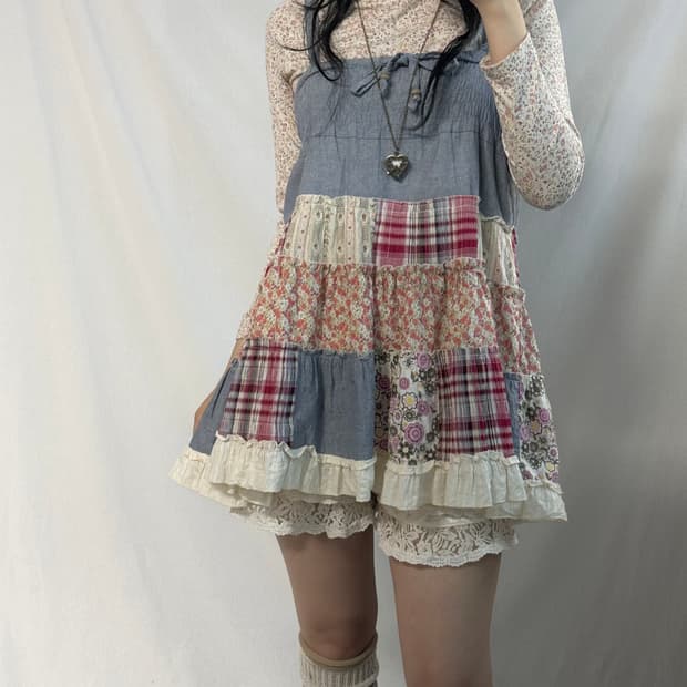 패치 워크 2-way 끈 원피스/스커트