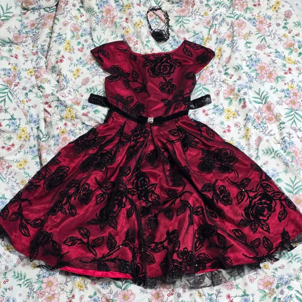 일본빈티지)오네갸루st 지뢰계 버건디 로즈 레이스 원피스파티연주회댄스행사