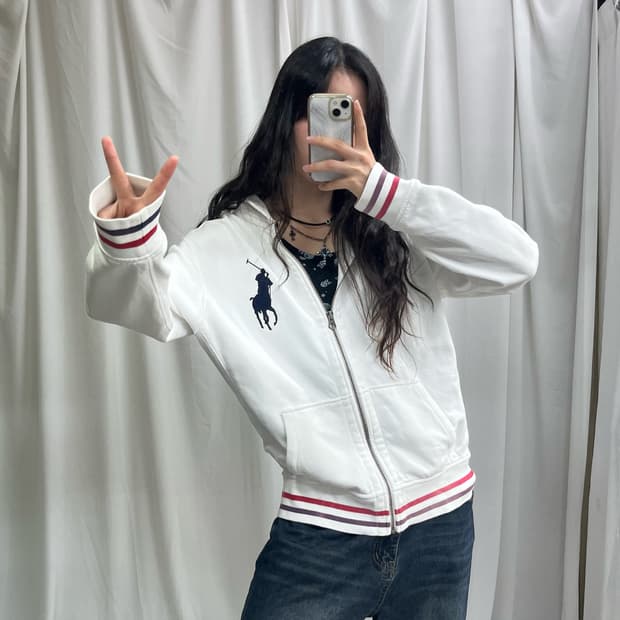 Polo white big pony hood zip-up