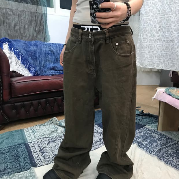 빈티지 브라운 절개 디테일 팬츠 