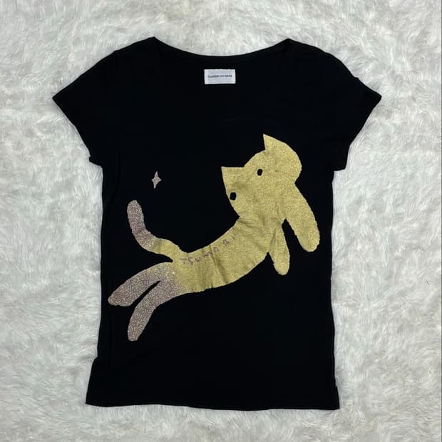 Tsumori Chisato 금빛 글리터 고양이 반팔티셔츠