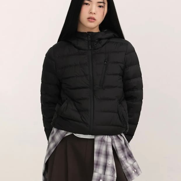 (W) 무신사 스탠다드 시티레저 후디드 라이트 다운 재킷 경량패딩 블랙