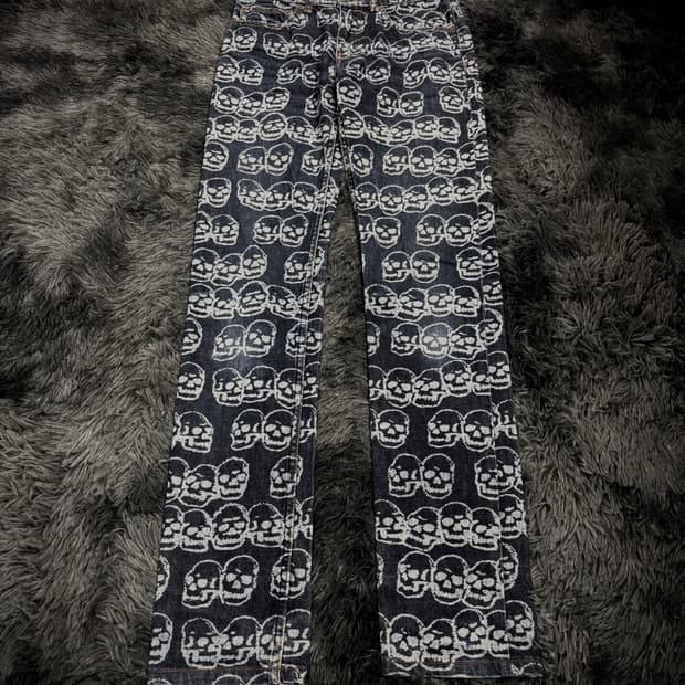 Hysteric Glamour 화이트 해골 패턴 진청 펑크 데님 팬츠 