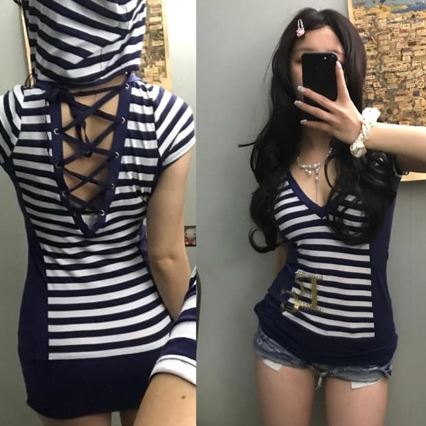 EGOIST 에고이스트 갸루 백 코르셋 셔링 반팔 후디