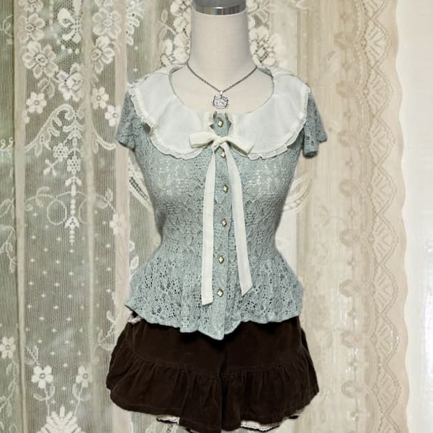 앙크루즈 민트 레이스 프릴 블라우스 라떼 히메 갸루 러블리 로걀 빈티지
