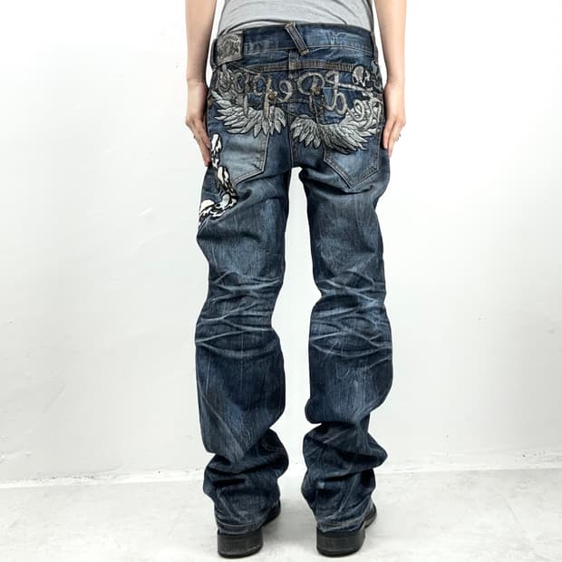 Red Pepper Wing Skull Embroidered Denim 