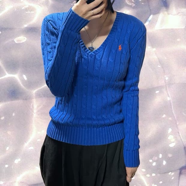 폴로 랄프로렌 신형 브이넥 꽈배기 니트 코발트 블루 XS