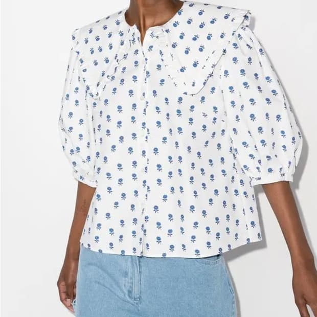 쉬림프 플라워 빅카라 블라우스 