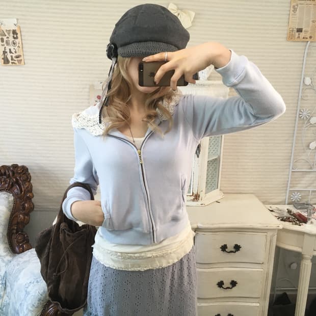 jpn vintage sora lace hood ribbon zip-up