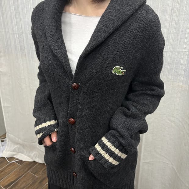 라코스테 차콜 모직 니트 숄카라 가디건