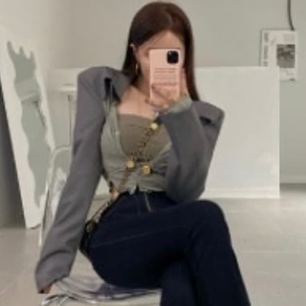 애즈포썬 카키 어깨패드 셔링 가디건