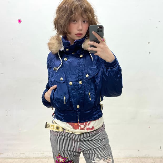 Glossy blue cropped padded jacket