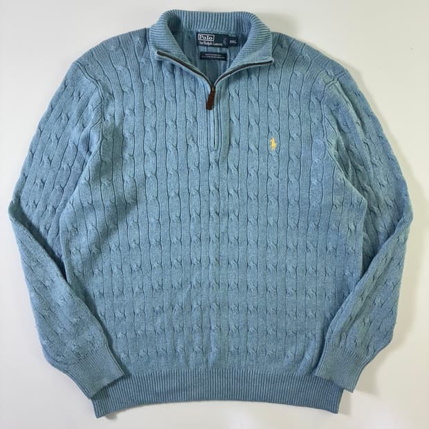 Polo 폴로 랄프로렌 투사실크100% 라벤더블루 케이블 쿼터집업 니트