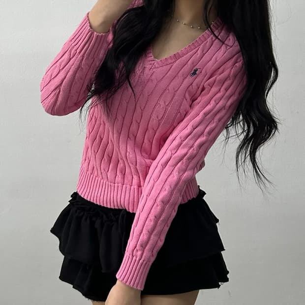 폴로 랄프로렌 신형 큐알택 핑크 케이블  브이넥 걸즈 니트(XS)