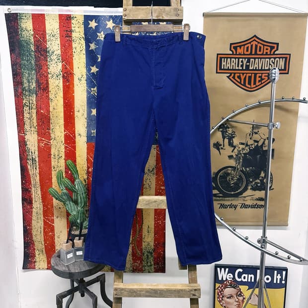 70s 오리지널 프렌치 워크팬츠 서스펜더 버튼플라이 잉크블루 N680