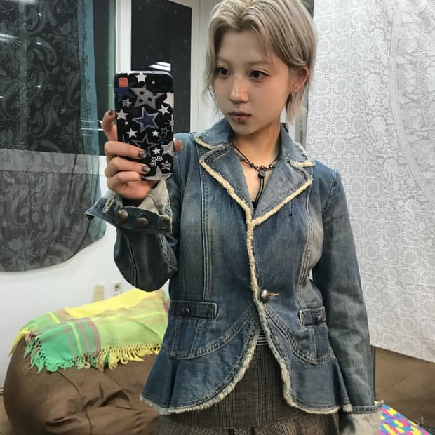 빈티지 여성 원버튼 데님 자켓 