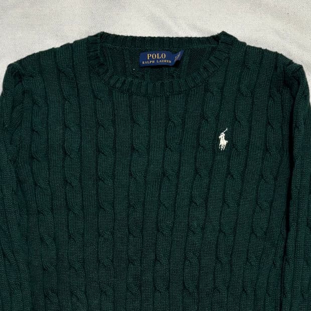 S 폴로랄프로렌 화이트 포니 여성용 그린 케이블 니트