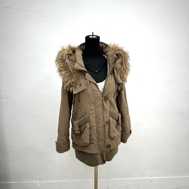 Beige brown fur parka jacket