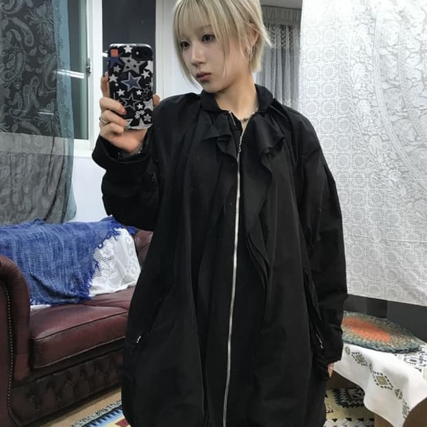 오브제 여성 빈티지 프릴 롱 바람막이