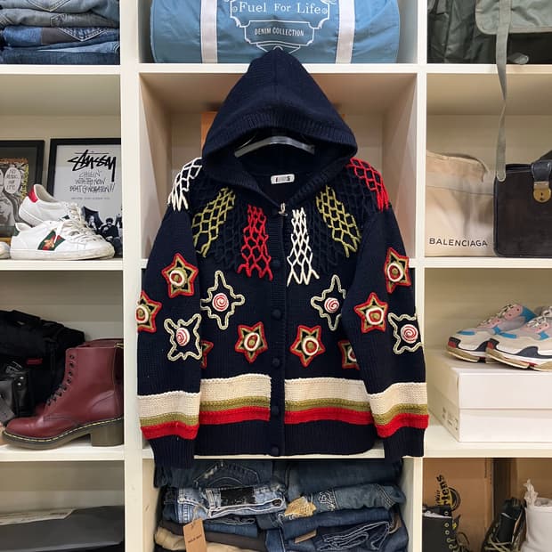 VTG 빈티지 스타 패턴 후드 니트 가디건 M