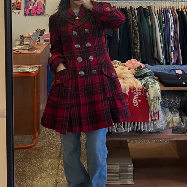 레드 체크 A라인 핀턱 코트 [무배]