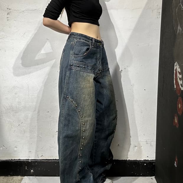 빈티지 진청 스터드 와이드 대장급 워싱 펑크 데님 팬츠 청바지