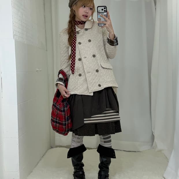 베이지 브라운 퀄팅 니혼진 도트 모리걸 사와코 코디세트