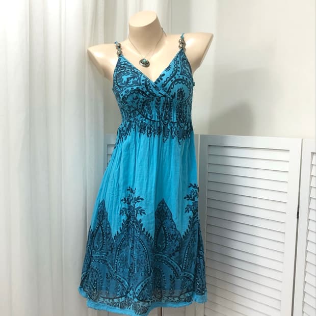 teal paisley pattern big beads dress