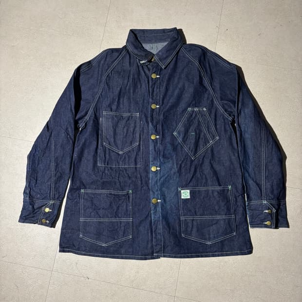 Post overalls 인디고 데님 페이드 초어 워크 자켓